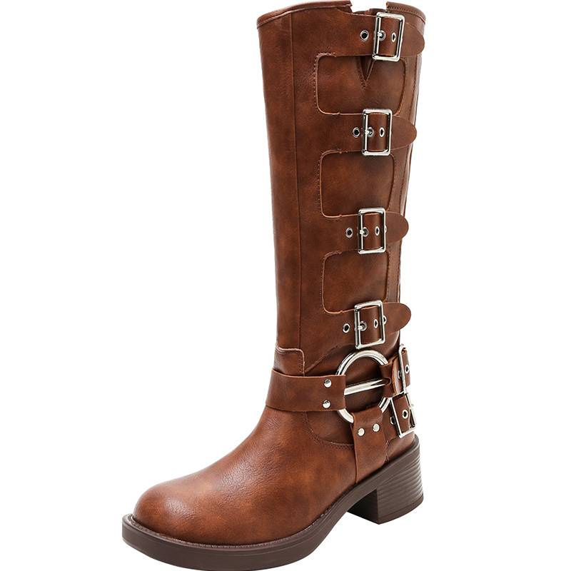 MIU*Marad belt buckle brown boots female summer large size western denim boots large bumper thick leg knight boots