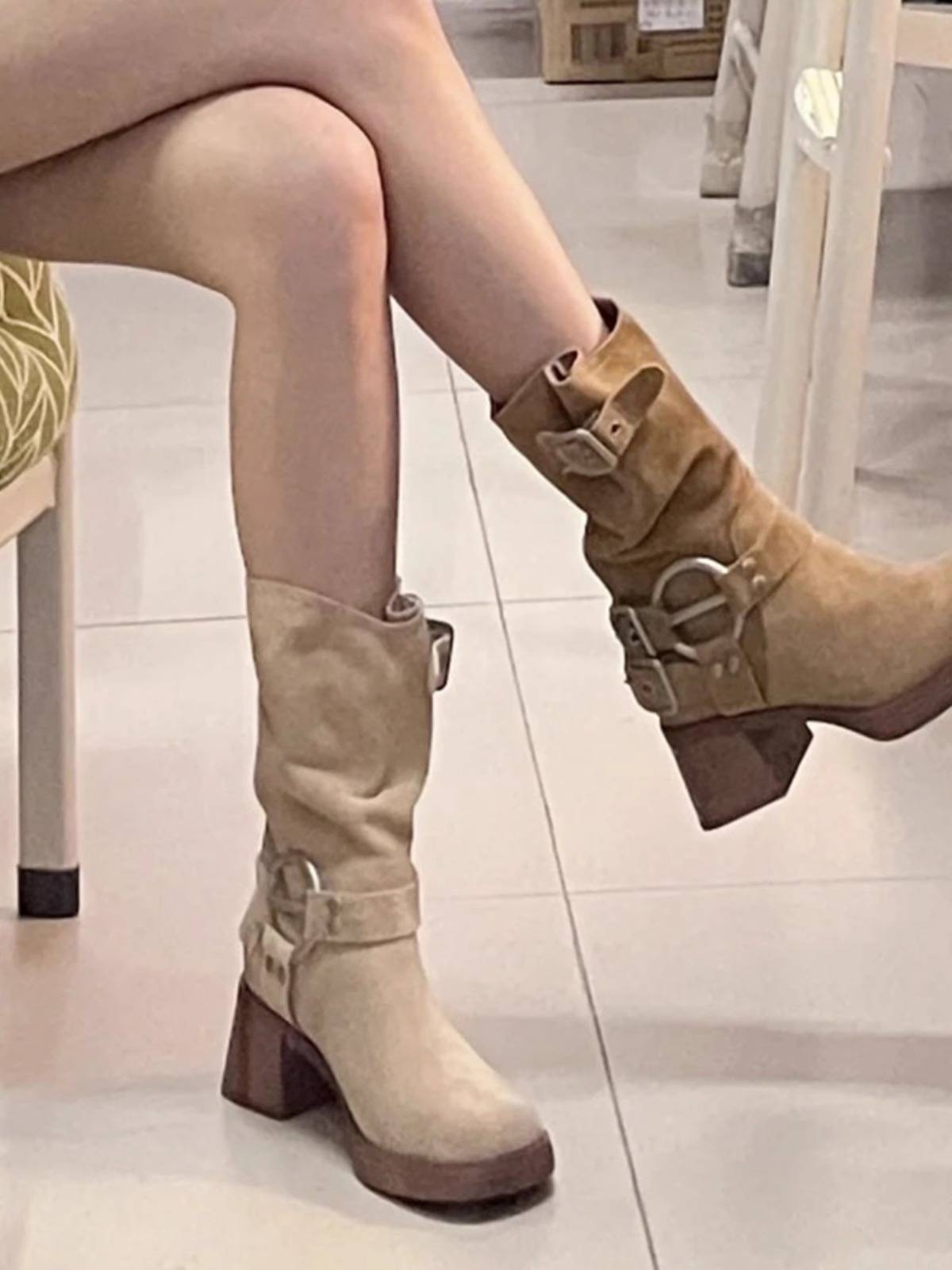 Yili Fold Western denim boots female 2024 new summer thin boots short boots, thick heel rider boots