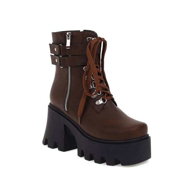 Retro strap Martin boots waterproof platform puffin cake thick bottom horse boots are high -heeled short boots large size 43 44 45 46
