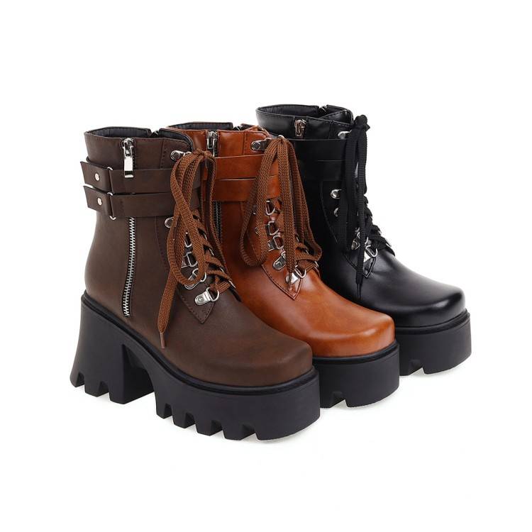 Retro strap Martin boots waterproof platform puffin cake thick bottom horse boots are high -heeled short boots large size 43 44 45 46