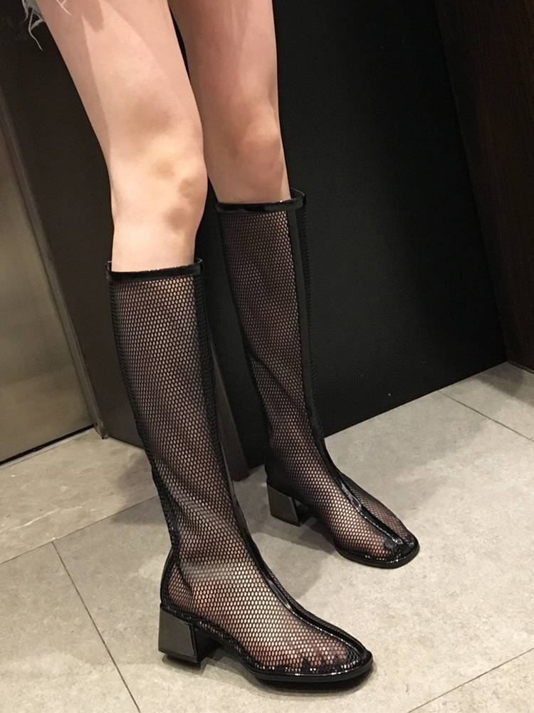 Fashionable thin boots hollowed -out jelly boots female summer 2024 new mesh high tube boots, thick heels, European station tide