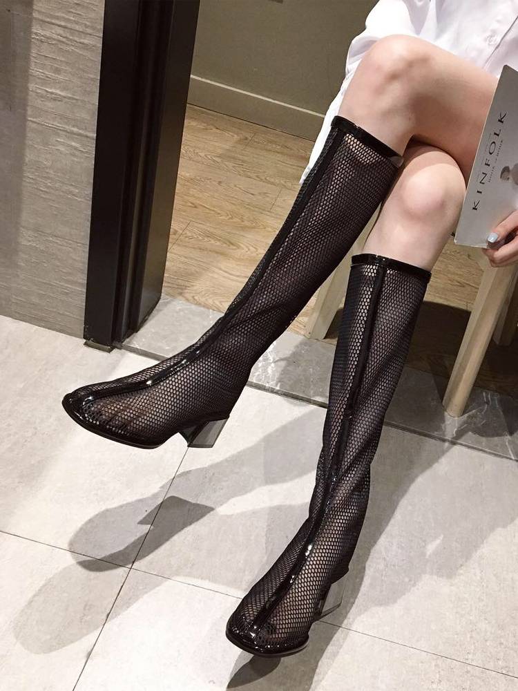 Fashionable thin boots hollowed -out jelly boots female summer 2024 new mesh high tube boots, thick heels, European station tide