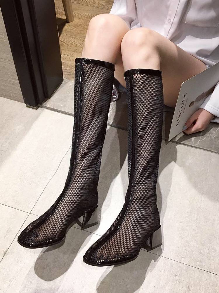 Fashionable thin boots hollowed -out jelly boots female summer 2024 new mesh high tube boots, thick heels, European station tide