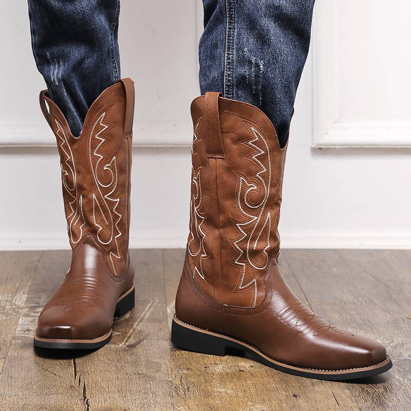 American retro Martin Boots Men's Autumn and Winter Western denim worker boots embroidered long tube side zipper high -top riding boots