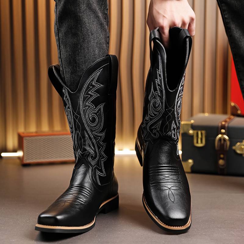 American retro Martin Boots Men's Autumn and Winter Western denim worker boots embroidered long tube side zipper high -top riding boots