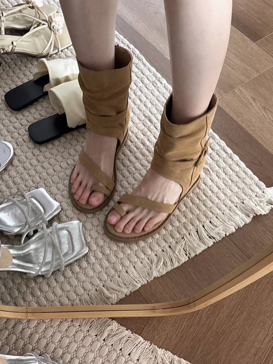 Cowhide version ~ Retro -toe height juvenile boots female summer high -top sandals versatile vacation short cylinder Roman boots