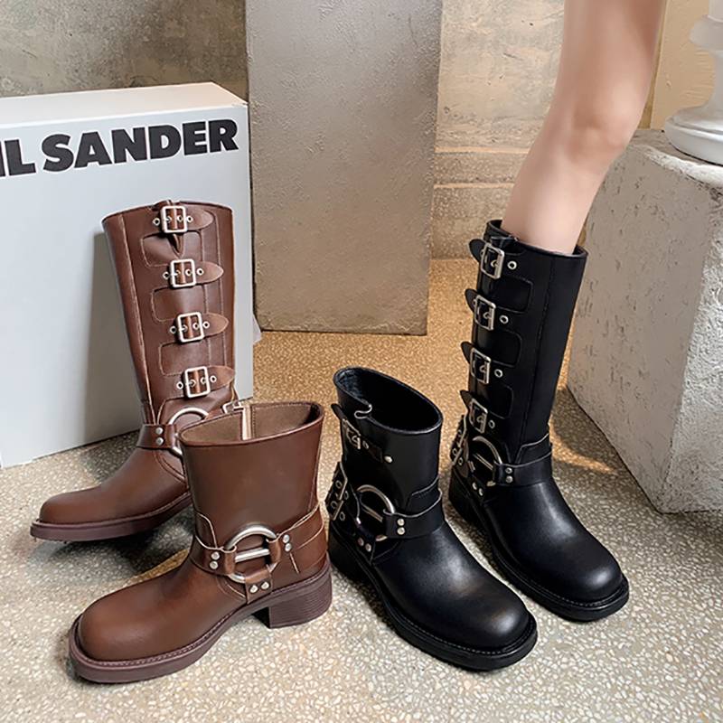 Meng Ling's same boots children MIU*Western denim boots retro locomotive knight boots metal buckle brown long boots female