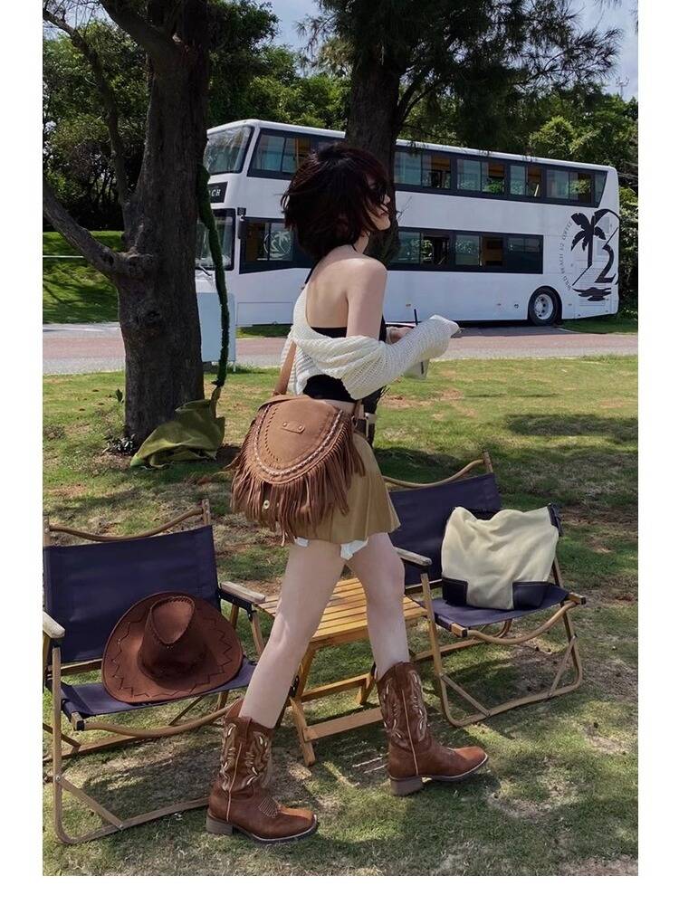He Sui Same Western denim boots female summer thin embroidery retro leather knight boots long tube brown boots