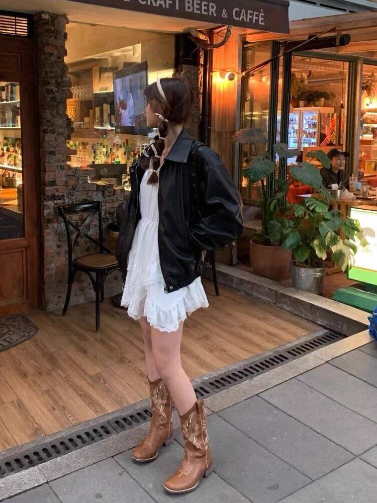 He Sui Same Western denim boots female summer thin embroidery retro leather knight boots long tube brown boots