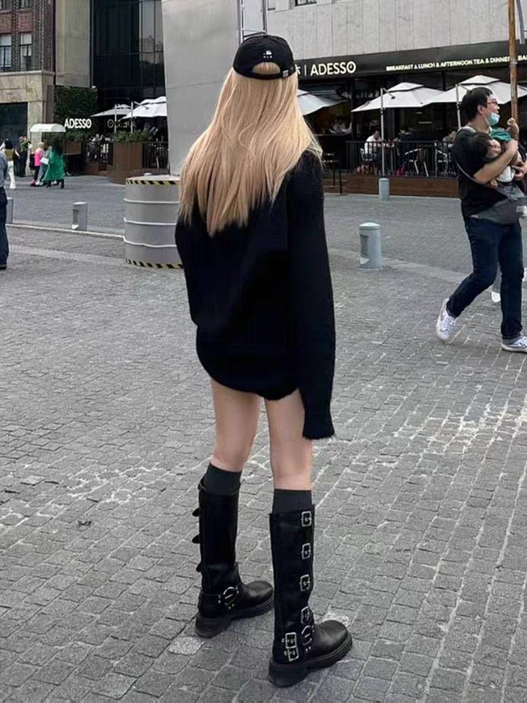 Brown Western denim boots, but the knee boots metal belt buckle thick heel high sole high -end knight boots single boots