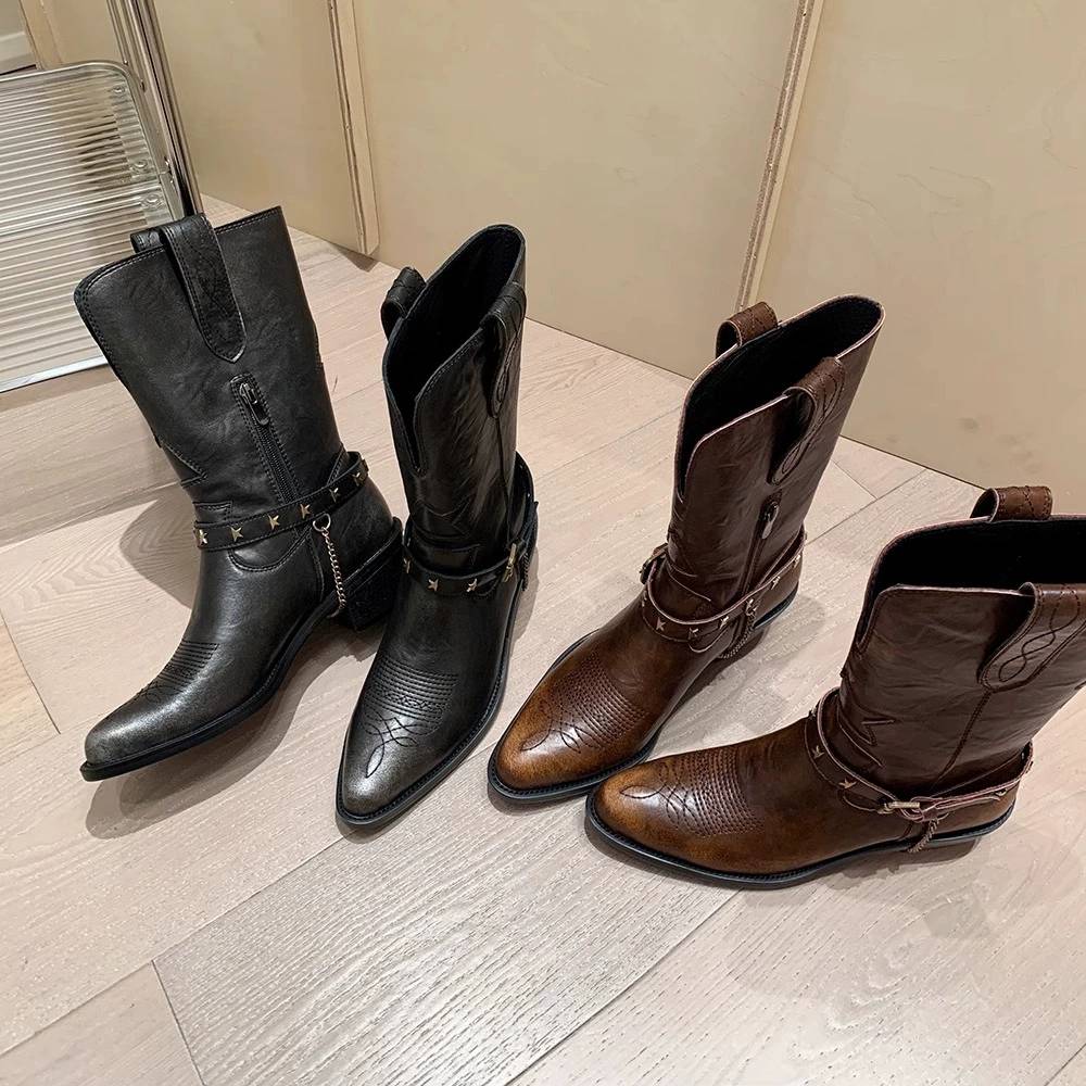 Xingxing Western denim boots women's bag heel chain leather boots street shooting fashion knight boots European and American equestrian boots