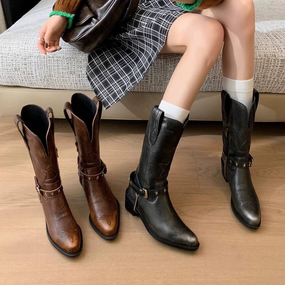 Xingxing Western denim boots women's bag heel chain leather boots street shooting fashion knight boots European and American equestrian boots