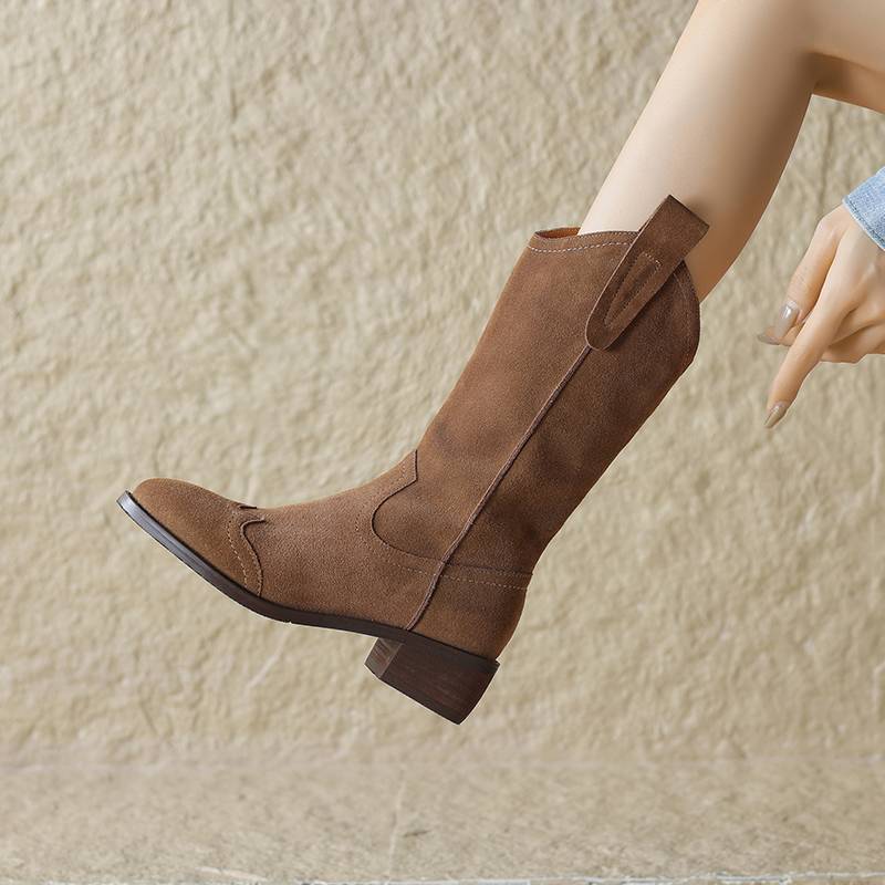 Fairywink Antin girl ~!Filling fur brown boots Western denim boots female thick heel boots