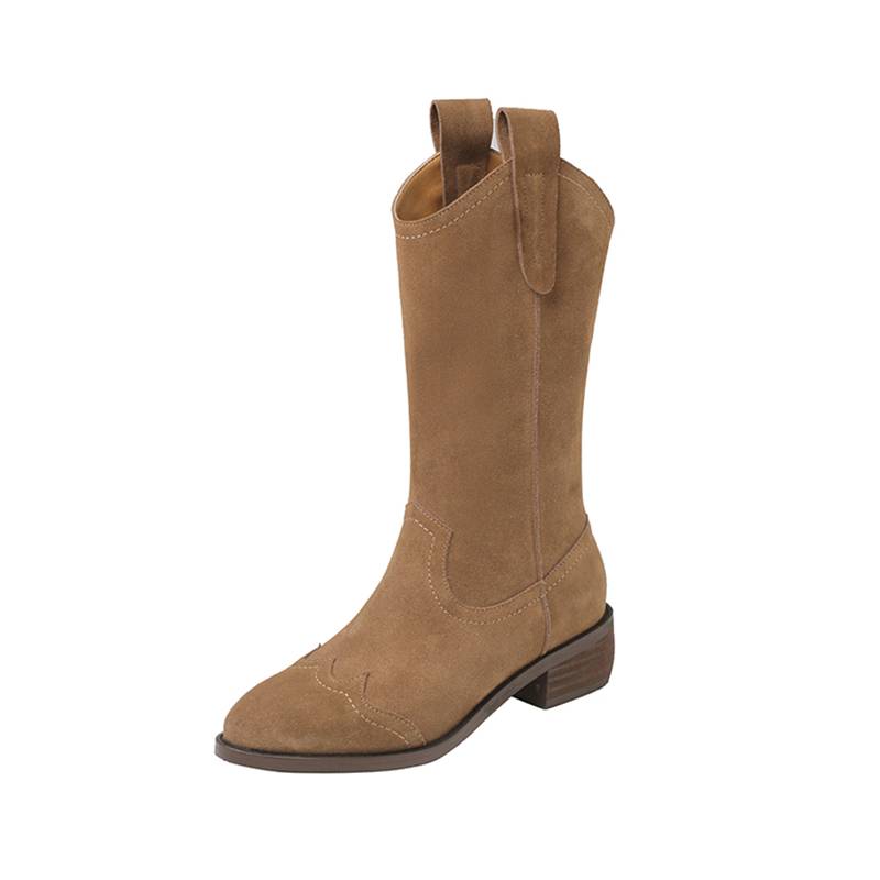 Fairywink Antin girl ~!Filling fur brown boots Western denim boots female thick heel boots