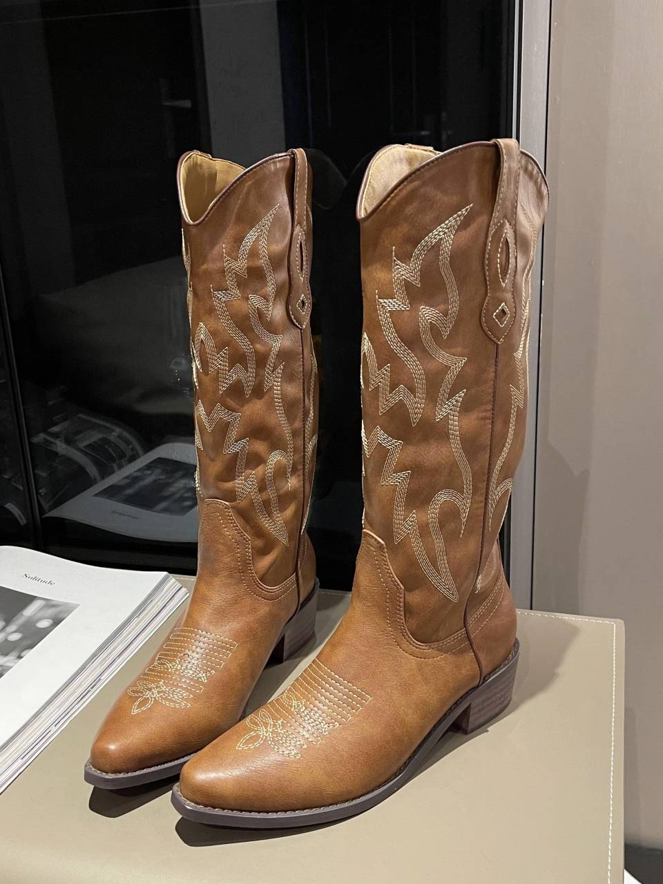 2024 new coarse heels in the middle of western denim boots embroidery sleeve knight boots retro square head European and American Martin boots women