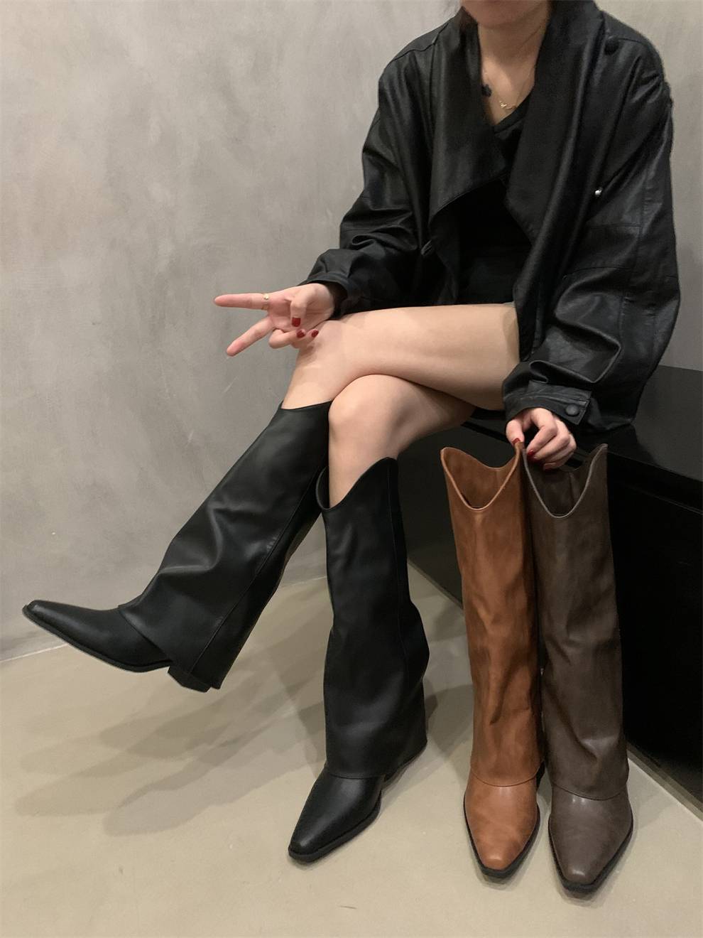 Small long boots versatile western denim boots spring and summer small boots retro high pants pipe boots Knight boots