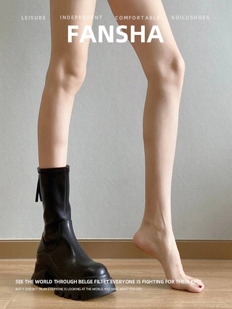 Cowhide version ~ thick Martin boots female 2023 new summer high -heeled small middle tube thick heel elastic thin boots