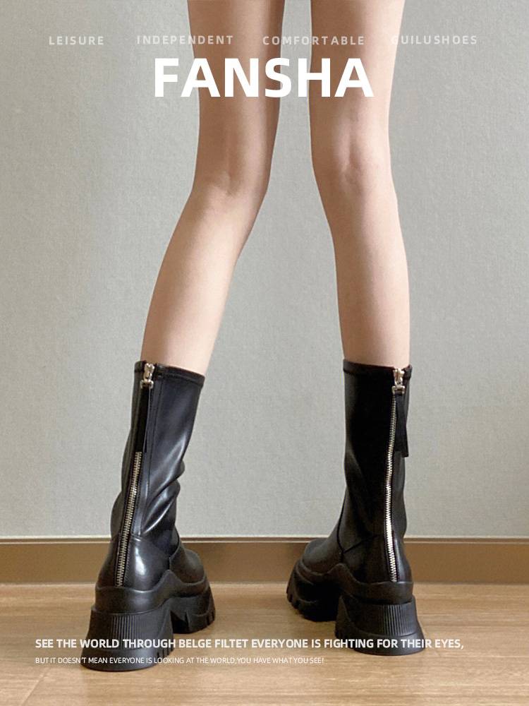 Cowhide version ~ thick Martin boots female 2023 new summer high -heeled small middle tube thick heel elastic thin boots
