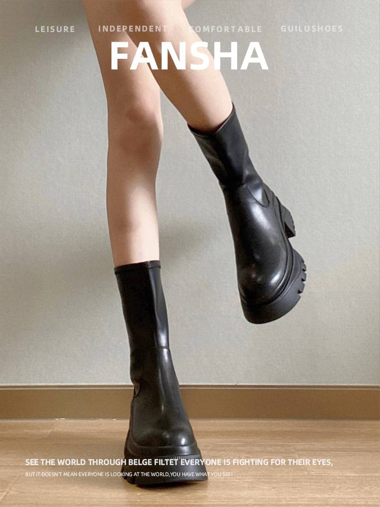 Cowhide version ~ thick Martin boots female 2023 new summer high -heeled small middle tube thick heel elastic thin boots