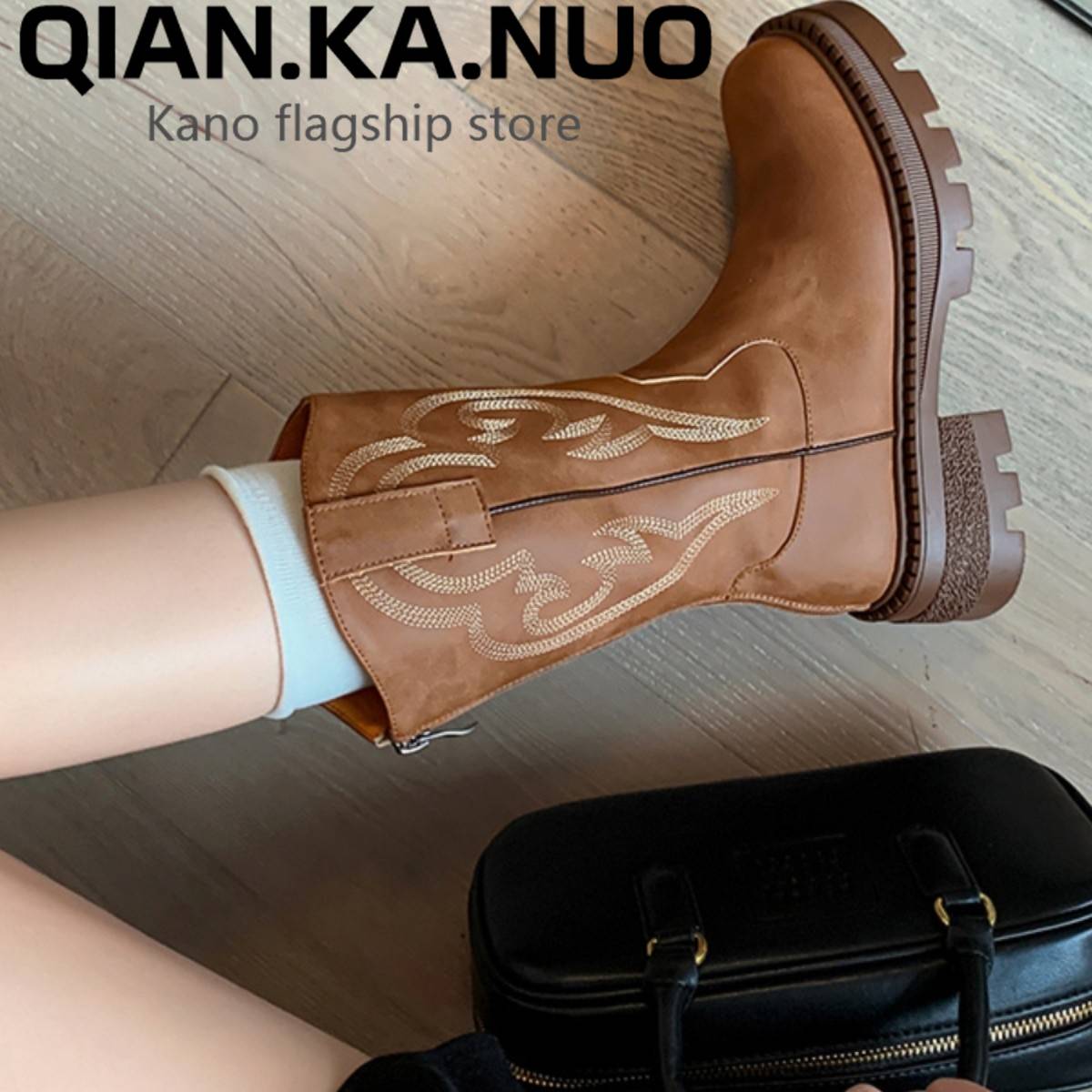 Retro leather thick sole embroidered western denim boots small Sichuan western tourist middle boots female Martin boots in summer
