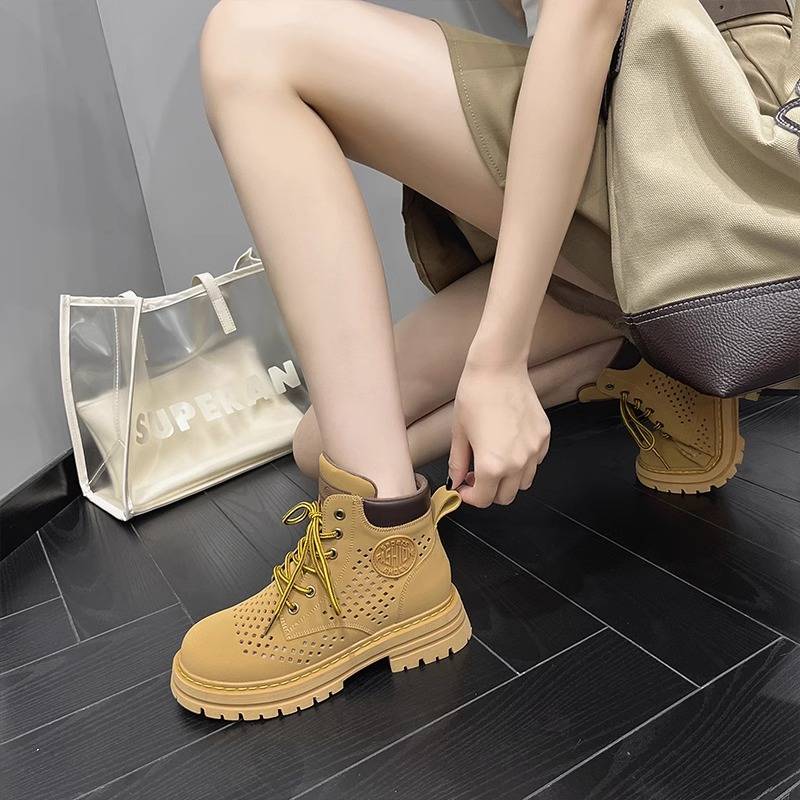 Thick -bottomed big yellow boots female 2024 summer new internal increase leather hollow Martin boots short boots in western denim boots
