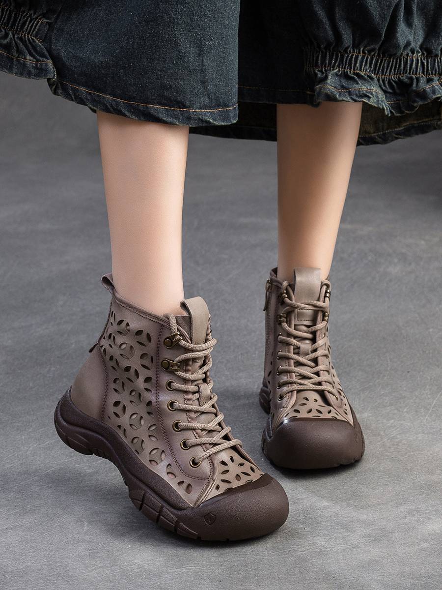 Jiechun Summer Summer Skills thick sole Roman Boots leather hollow breathable holes and short boots soft bottom women's sandals