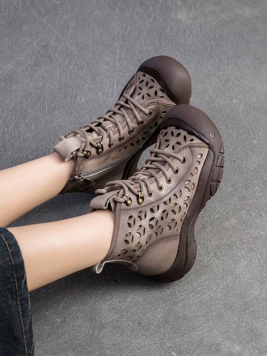 Jiechun Summer Summer Skills thick sole Roman Boots leather hollow breathable holes and short boots soft bottom women's sandals