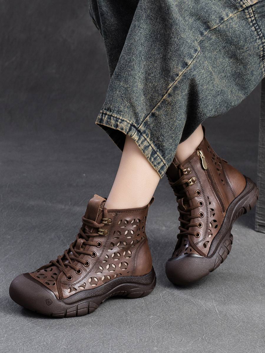 Jiechun Summer Summer Skills thick sole Roman Boots leather hollow breathable holes and short boots soft bottom women's sandals