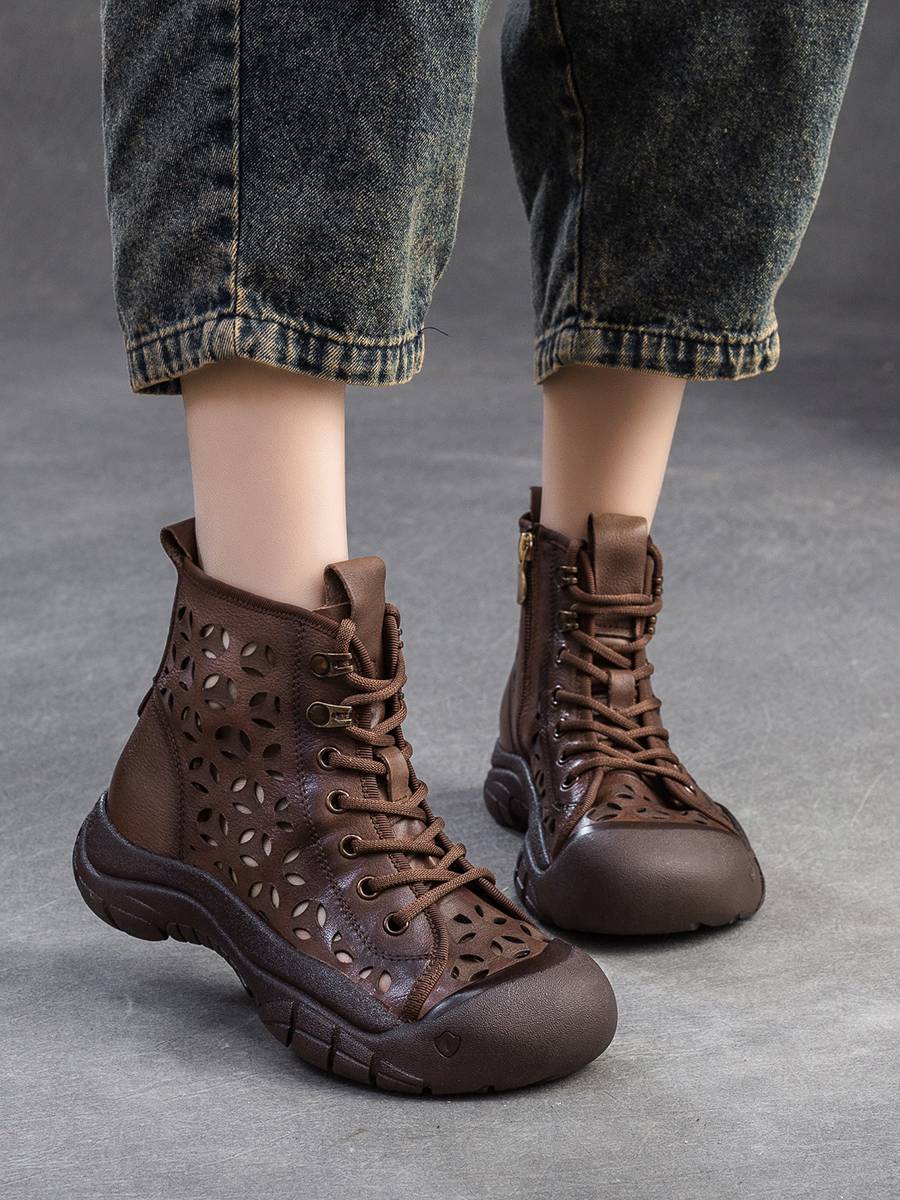 Jiechun Summer Summer Skills thick sole Roman Boots leather hollow breathable holes and short boots soft bottom women's sandals