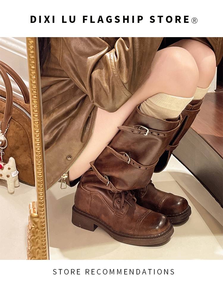 But knee -length boots women spring and summer 2024 new retro brown denim boots thick bottom high -end knight boots