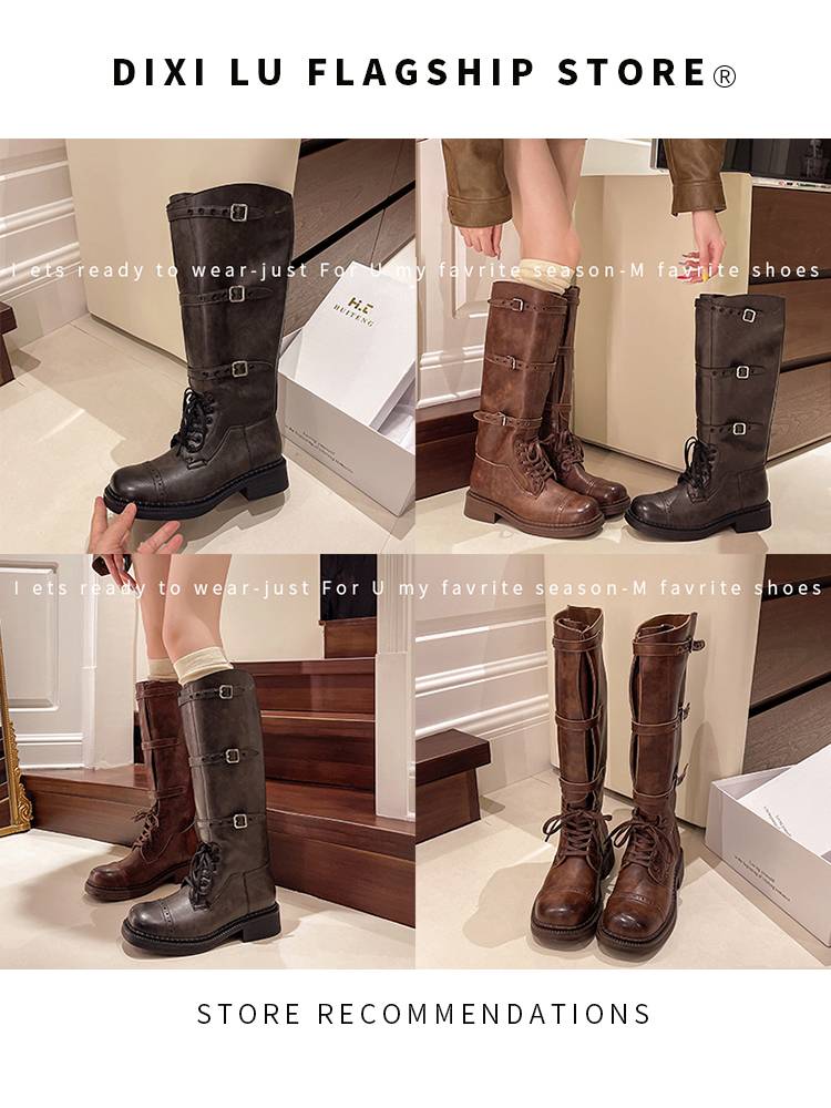 But knee -length boots women spring and summer 2024 new retro brown denim boots thick bottom high -end knight boots