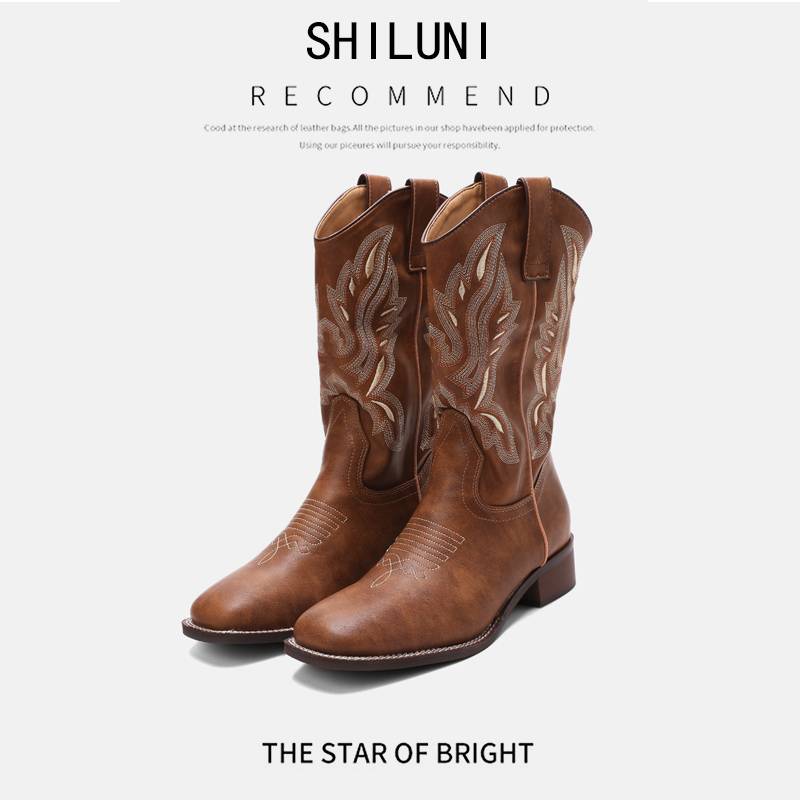 The Western Cowboy Boots Girl Recreation Martin Boots 2024 new spring and summer brown retrospect knight boots
