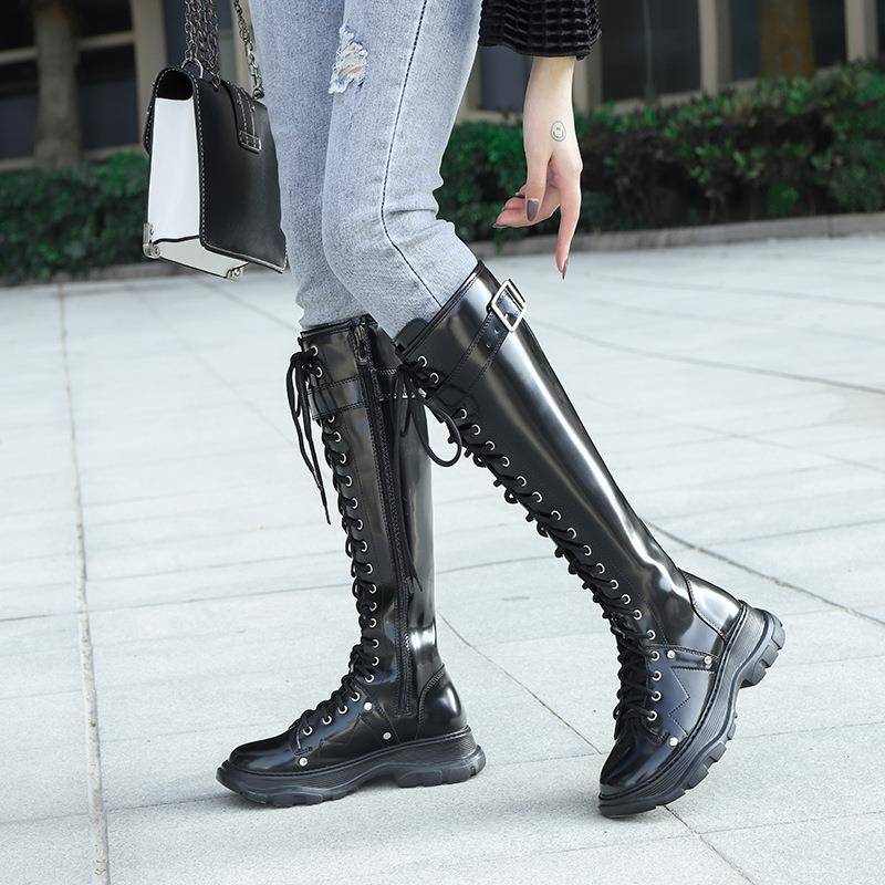 New boots 20 Series 23 knee long boots flat high -bottom zipper round head locomotive cylindrical knock -up rider boots thick sole Martin boots