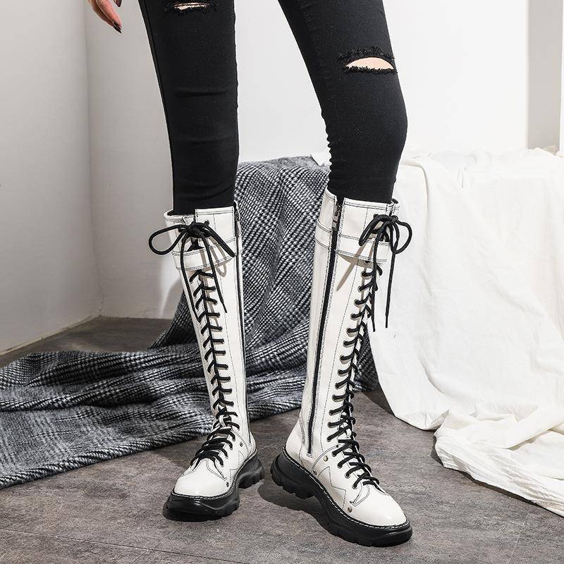 New boots 20 Series 23 knee long boots flat high -bottom zipper round head locomotive cylindrical knock -up rider boots thick sole Martin boots