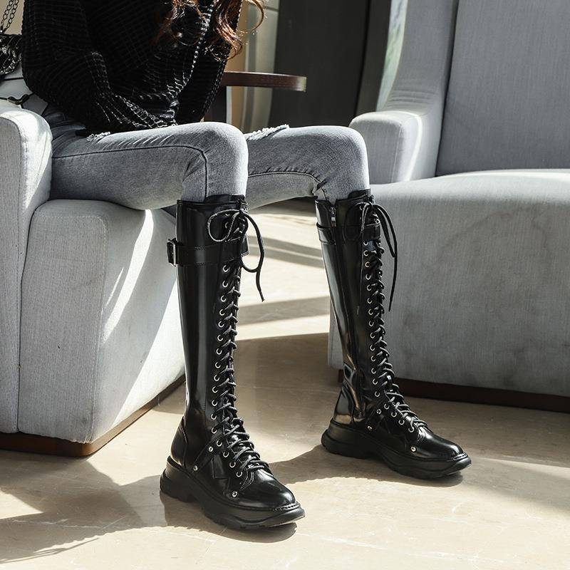 New boots 20 Series 23 knee long boots flat high -bottom zipper round head locomotive cylindrical knock -up rider boots thick sole Martin boots