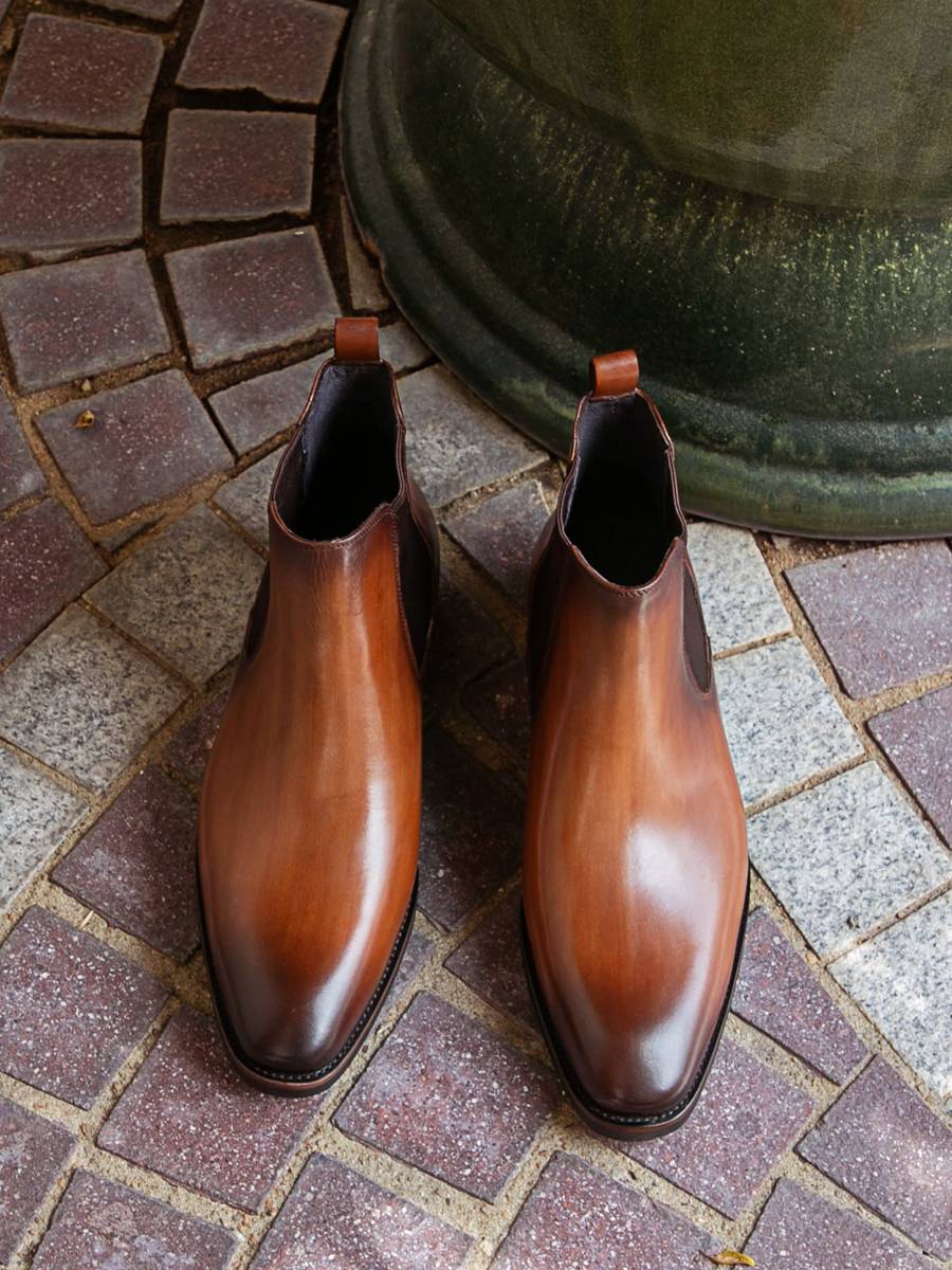 TRD new handmade shoes high -end British thick bottom Chelsea boots men's tide leather Martin boots square head high -top short boots
