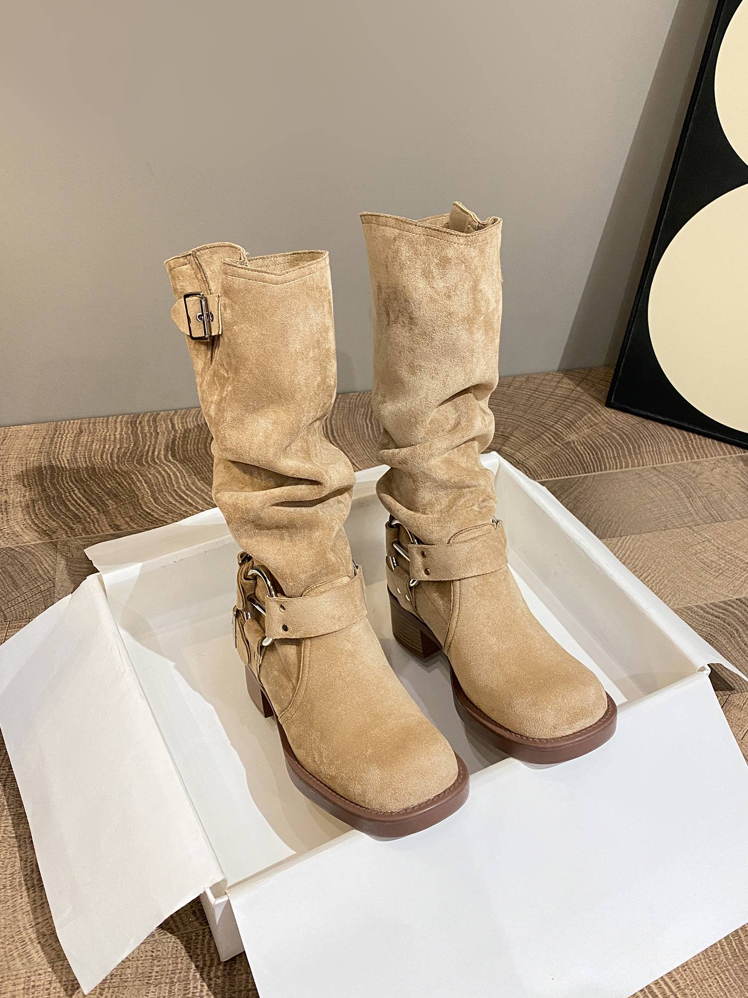 Inner increase of pile of boots female retro western denim boots small thick heel thick sole fold boots fluffy knight boots