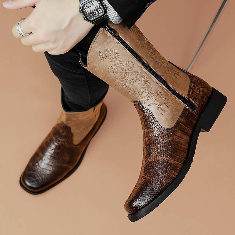 Retro Martin Boots Male Spring Autumn Gang Chelsea British -side zipper leather shoe western denim high tube Mongolian boots