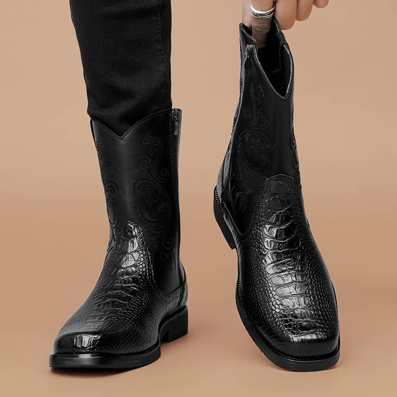 Retro Martin Boots Male Spring Autumn Gang Chelsea British -side zipper leather shoe western denim high tube Mongolian boots