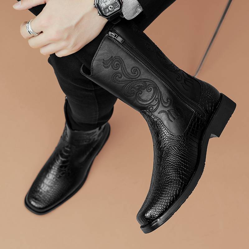 Retro Martin Boots Male Spring Autumn Gang Chelsea British -side zipper leather shoe western denim high tube Mongolian boots