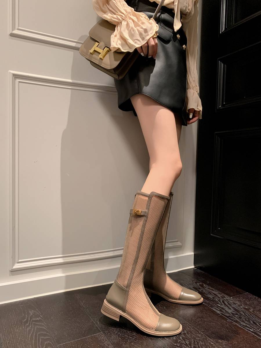 INS King Recommend!Giant thinness ~ leather cold boots female summer long cylinder low -heeled knight boots but knee net boots