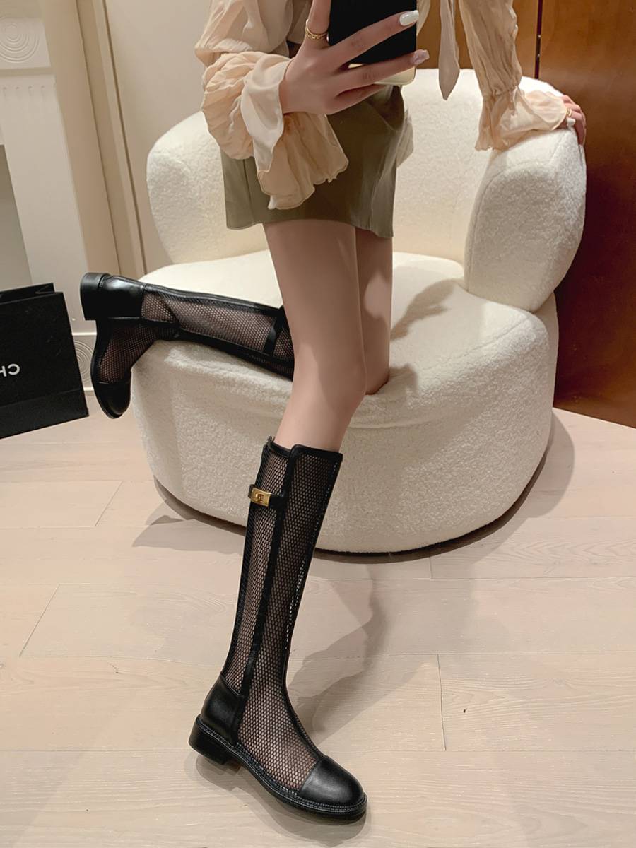 INS King Recommend!Giant thinness ~ leather cold boots female summer long cylinder low -heeled knight boots but knee net boots