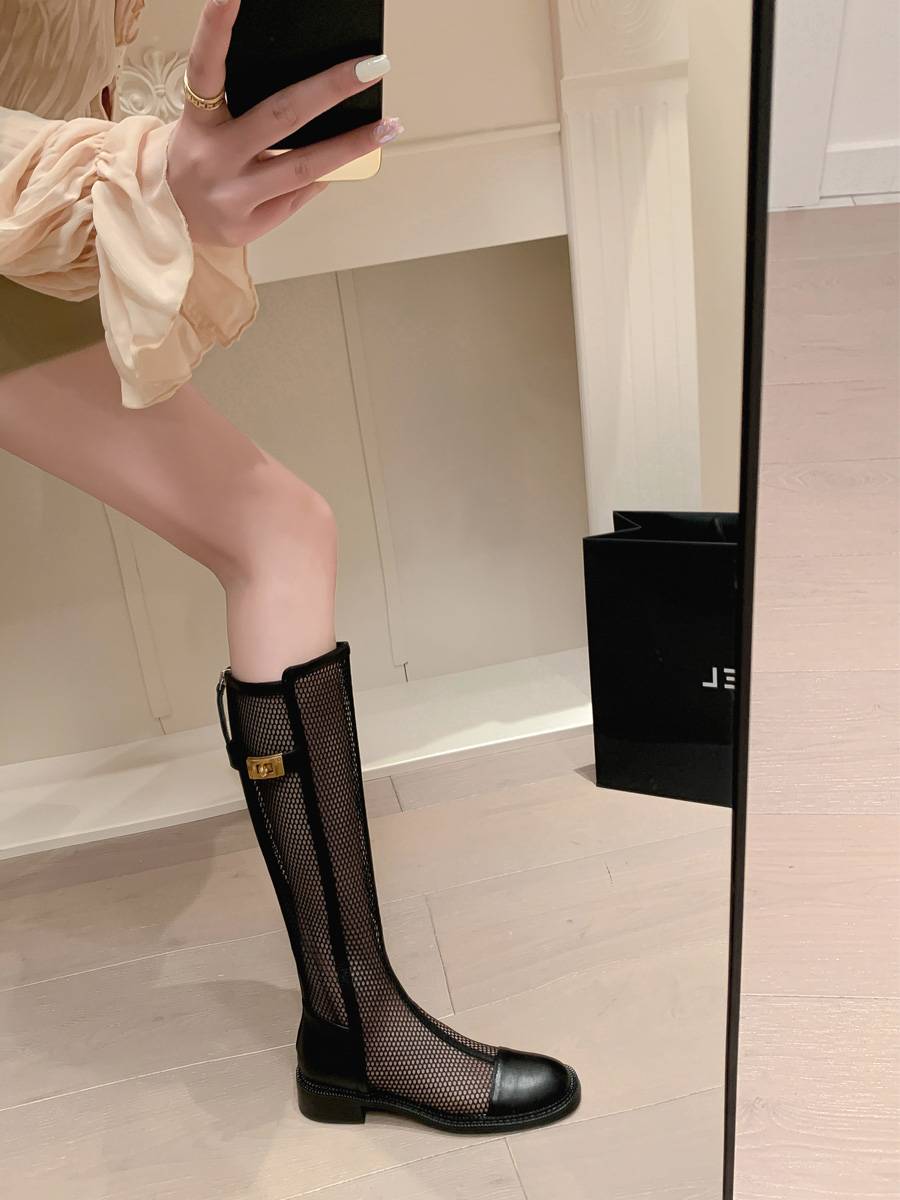 INS King Recommend!Giant thinness ~ leather cold boots female summer long cylinder low -heeled knight boots but knee net boots