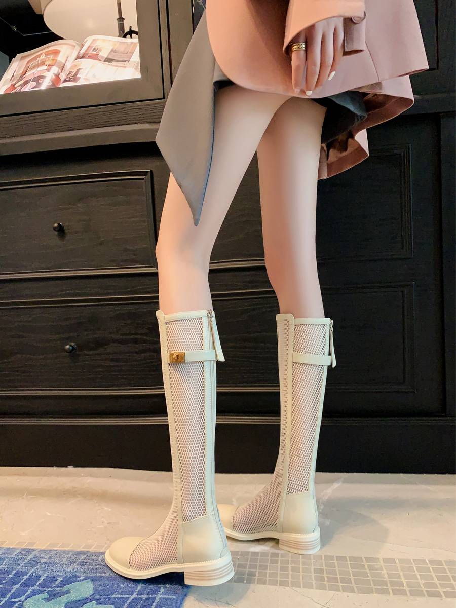 INS King Recommend!Giant thinness ~ leather cold boots female summer long cylinder low -heeled knight boots but knee net boots