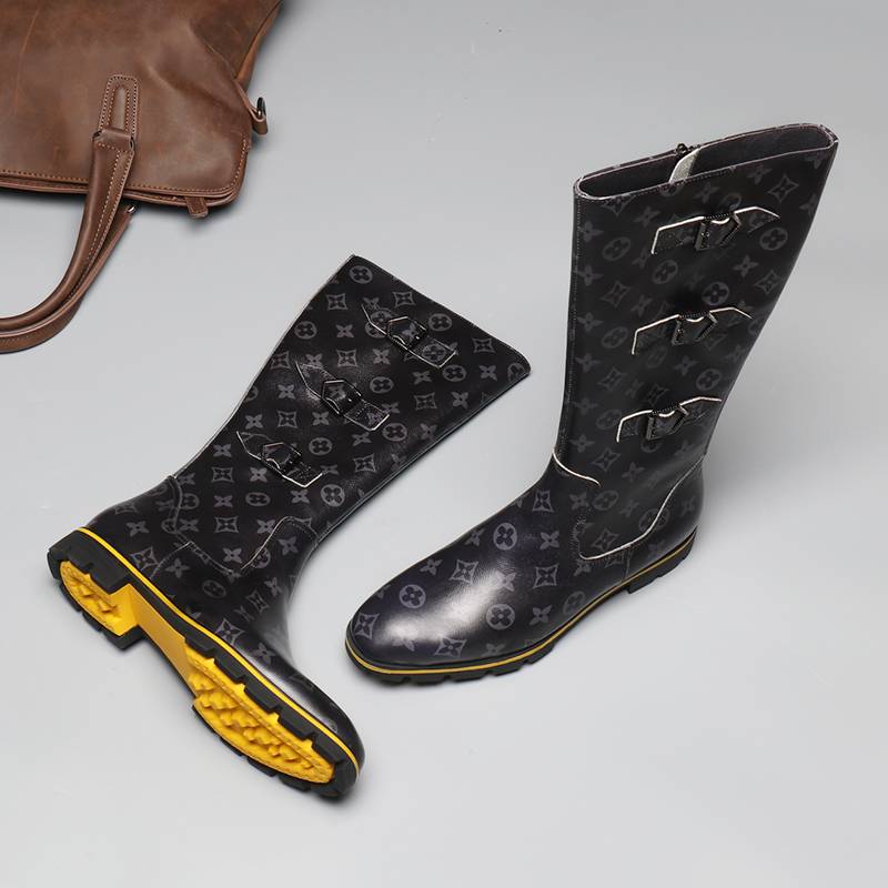 Flower surface high boots men's trendy leather boots high -top boots parade parain