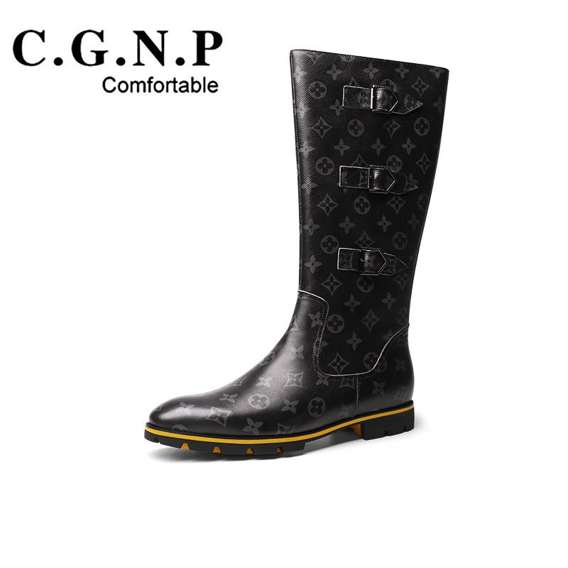 Flower surface high boots men's trendy leather boots high -top boots parade parain