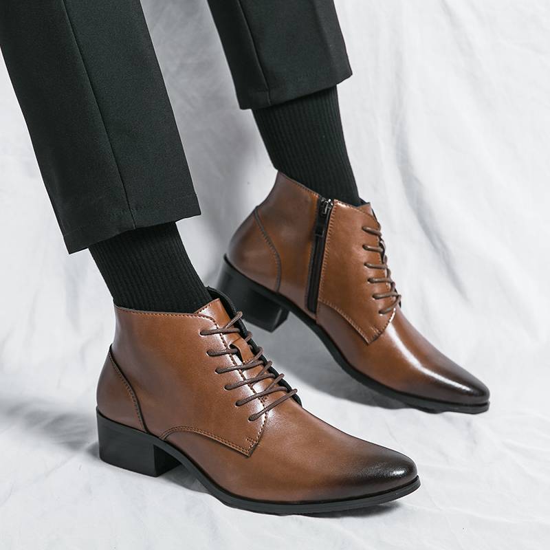 Templim Martin Boots Male Korean Version British Business Inside Business Adding High School Gang Gang high -heeled hairstyle leather shoes high -top leather boots