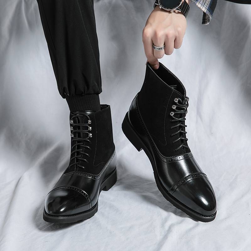 British style men's medium high -top leather shoes Brock business casual boots fashion retro pointed pointed tipper increase Martin boots
