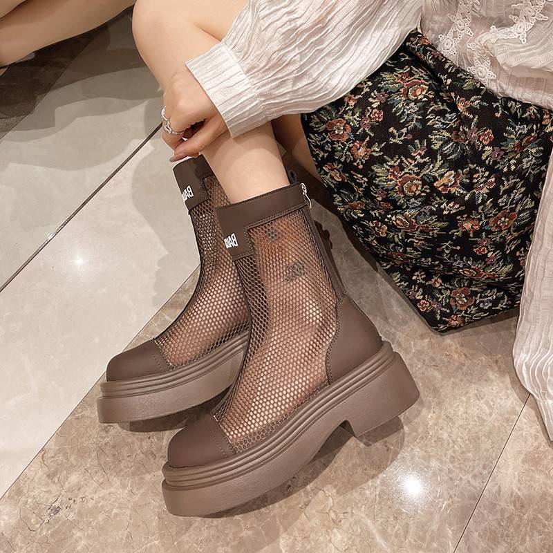 Casual wild rough zipper net boots 2024 summer new alphabet high -end feel mid -cylinder hollow fashion Roman boots