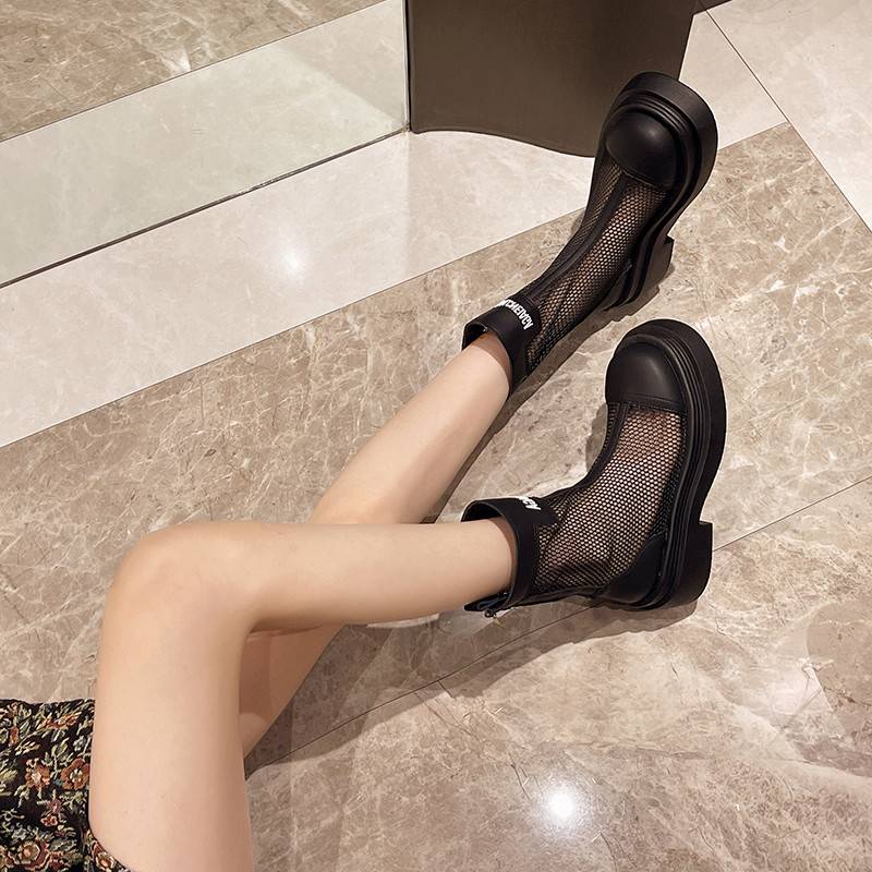 Casual wild rough zipper net boots 2024 summer new alphabet high -end feel mid -cylinder hollow fashion Roman boots